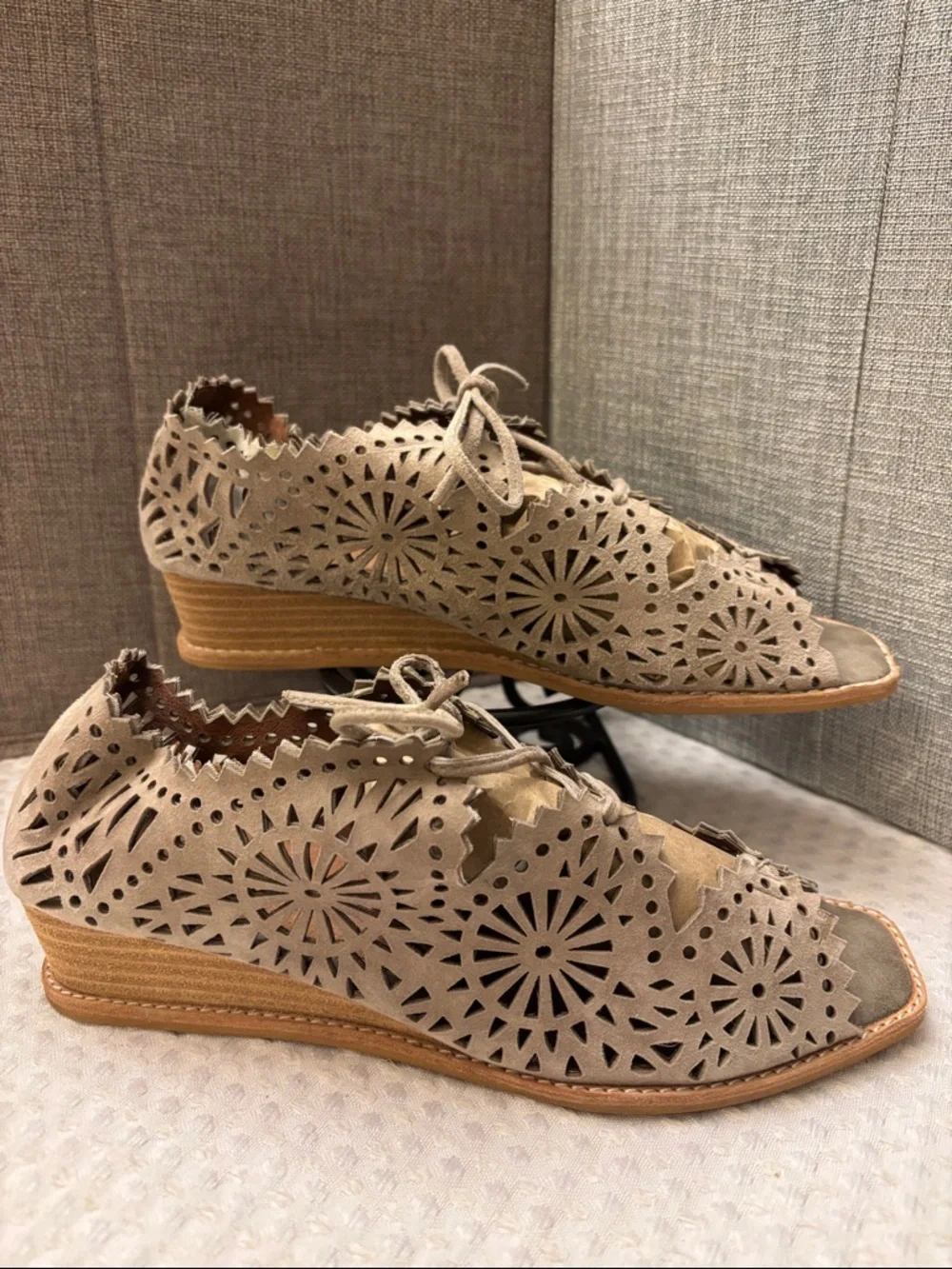 Jeffrey Campbell Espejo 9 Taupe Tan Suede Leather Laser-Cut Lace-Up Wedge Sandal